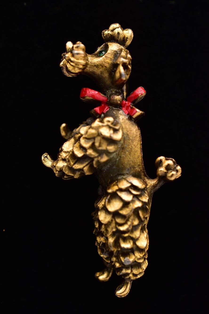 Vintage Poodle Dog Pin Brooch Antiqued Gold Red Bow Heavy Retro 1960s BinBP